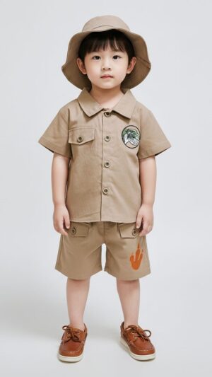Setelan anak safari dinosaurus khaki, baju premium anak 1-5 tahun