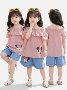 Setelan Sabrina Anak Perempuan Dydy Katun Salur Denim Gaya Casual Kekinian