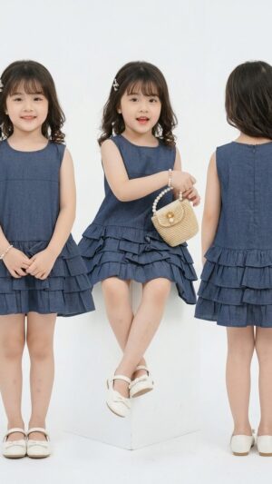 Setelan Anak Dress Anak Perempuan Ruffle Navy Jeans West Cover Utama 3x Murah Berkualitas MELINDA DRESS
