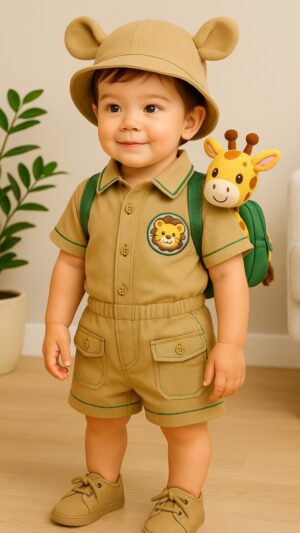 Setelan anak safari lucu dengan topi dan ransel jerapah