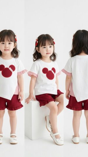 Setelan anak perempuan motif Mickey merah putih lucu