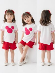 Setelan Anak Perempuan MICCI Fanta Korea Style Kaos Asimetris Bordir dan Celana Rumbai