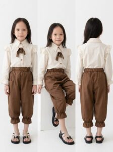 Setelan Baju Anak Perempuan  LUNA COKLAT Korea Style Elegant - Kemeja Poplin & Celana Scuba Premium