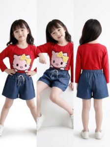 Kitty Bow Set - Setelan Anak Perempuan Lucu Bahan Spandex dan Celana Jeans