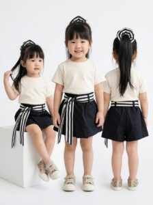 Setelan Anak Perempuan Skort Cargo 3in1 - Kaos Cream & Celana Rok Hitam Modis