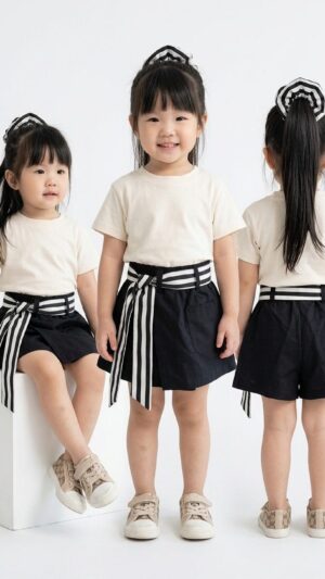 Setelan Anak Setelan Anak Perempuan Skort Cargo 3in1 Cream Hitam Cover Utama 3x Murah Berkualitas